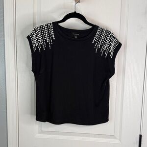 Elegant Black Short Sleeve Top with Pearl Accents
